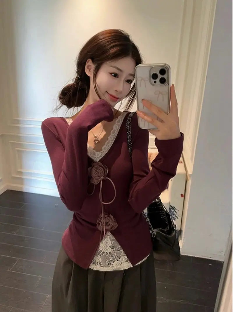 Lunivop  Lace Patchwork V-neck 3D Flower T-shirt for Women 2025 New Slim Waist Bottoming Tops Mujer Y2k Long Sleeve Tee Shirt