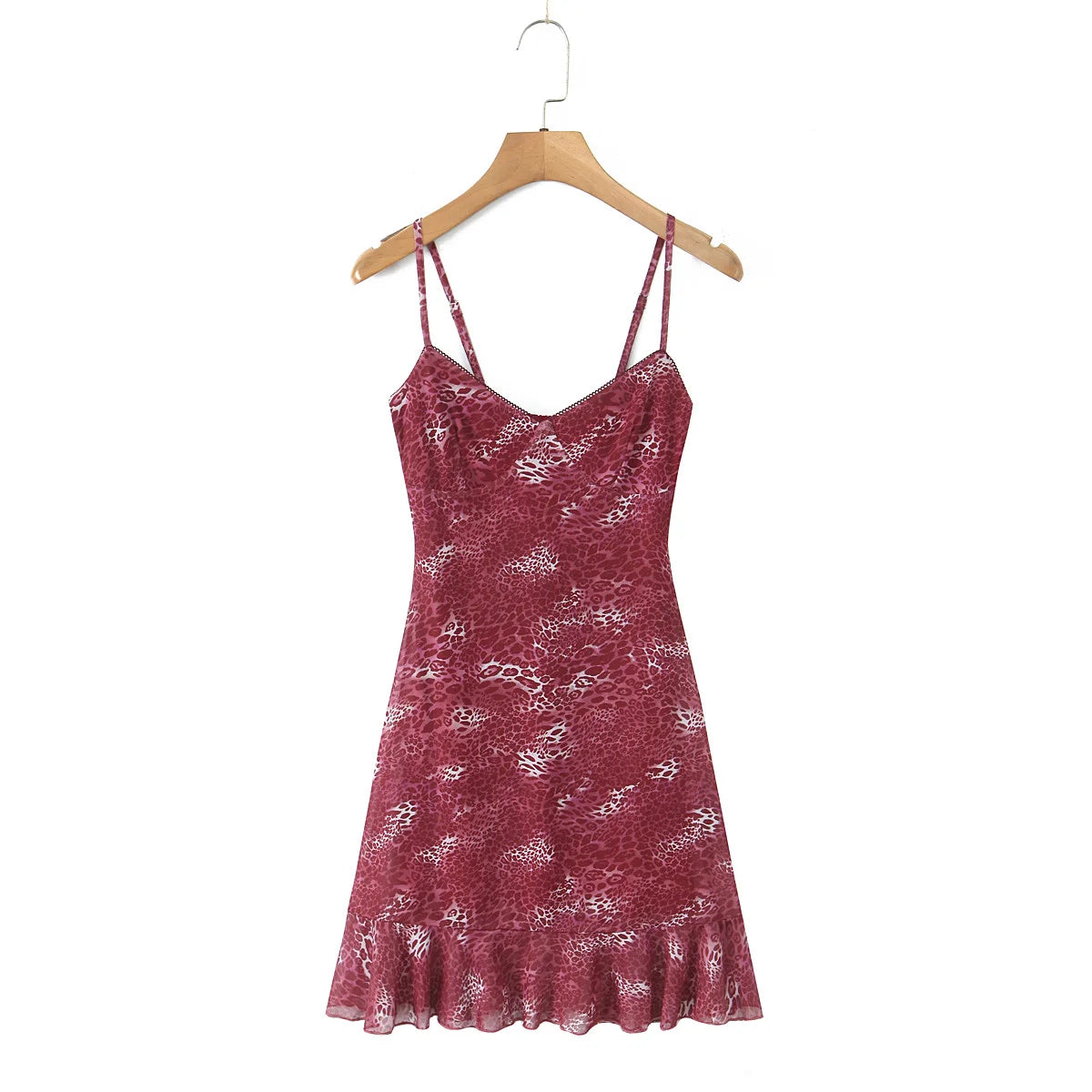 Lunivop  Sexy Animal Leopard Mesh Spliced Lace V neck Sling Dress Women Skinny Slim Waist Ruffles Hem Short Dresses Robe Vestidos