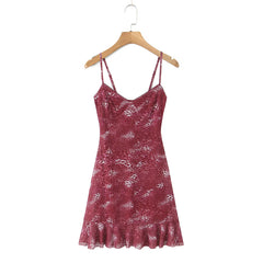 Lunivop  Sexy Animal Leopard Mesh Spliced Lace V neck Sling Dress Women Skinny Slim Waist Ruffles Hem Short Dresses Robe Vestidos