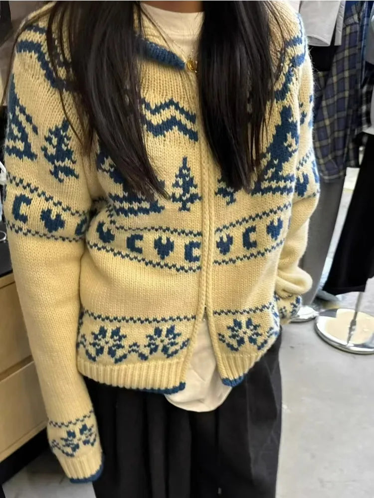 Lunivop Fair Isle Knit Zip Up Sweater Cardigan Women Zipper Front Sweater Jacket Cozy Knitwear Teen-girl Fall Winter Vintage Outfit