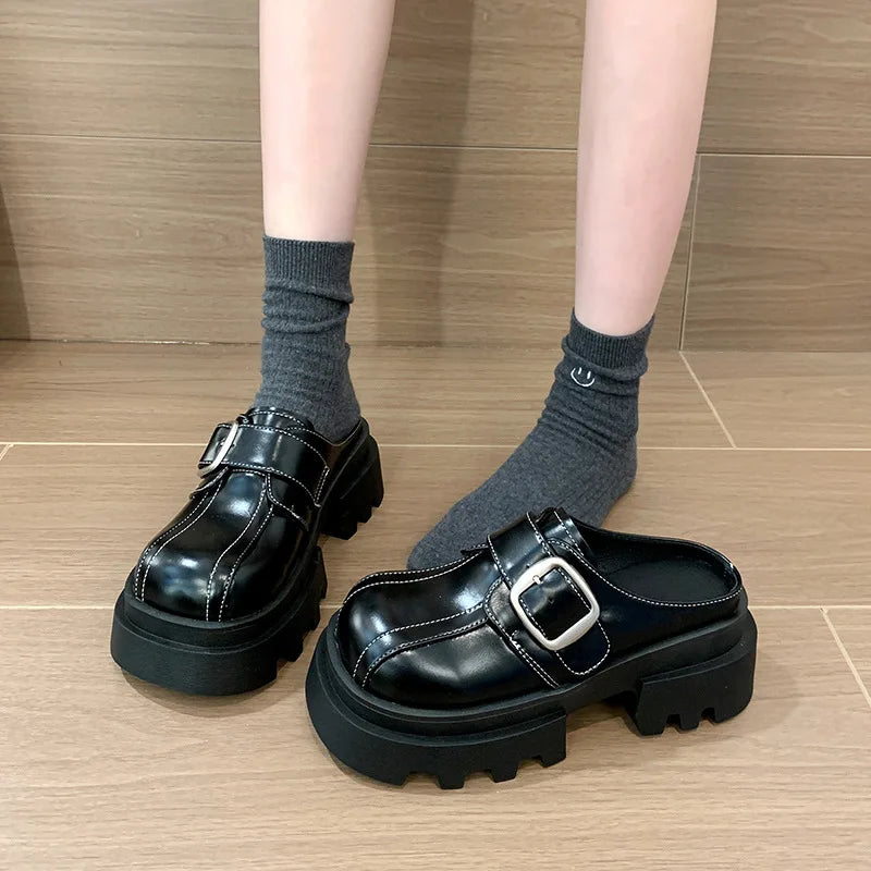 Lunivop Autumn Platform Women Toe-cap Half Slippers Solid Non-slip Shoes for Women Slippers Fashion Buckle Slip-on Women Slippers