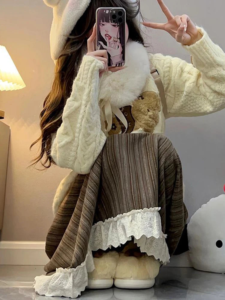 Lunivop Lace Patchwork Striped Long Skirts Korean Retro Faux Woolen Skirts Casual High Waist Loose Lady Autumn Winter Elegant Skirt