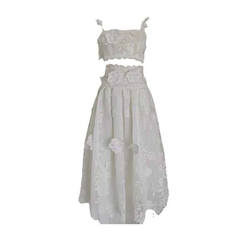 Lunivop  Women's Solid Color Two Piece Set Lace Flower Sleeveless Tops High Waist Skirt Female Sets New Tide