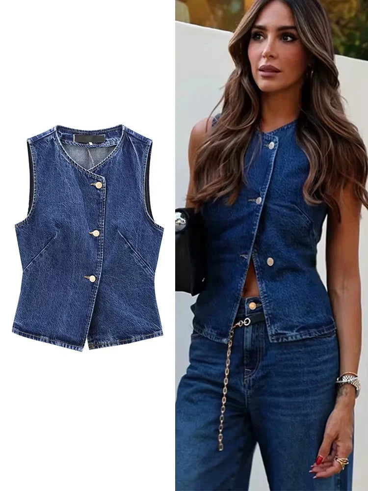 Lunivop  Women's Short Vest Autumn Fashion Blue Denim Vest Top Lady Casual Cropped Sleeveless Jacket Streetwear New Waistcoats