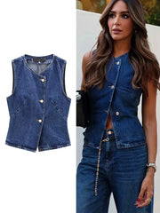 Lunivop  Women's Short Vest Autumn Fashion Blue Denim Vest Top Lady Casual Cropped Sleeveless Jacket Streetwear New Waistcoats