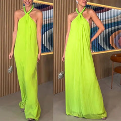 Lunivop  Spring Summer New Chiffon Pleated Halter Neck Dress Y2k Clothes Women Casual Loose Vacation Outfits Long Dresses