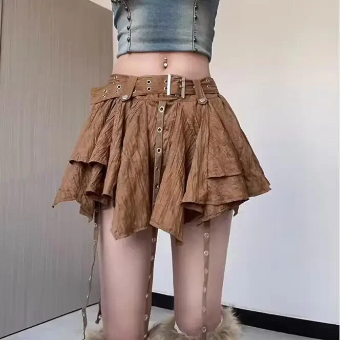 Lunivop  Korean Vintage Irregular Brown Skirt for Women Y2k E-Girl High Waist Ruched Skirts Summer New Sweet A-line Faldas Mujer