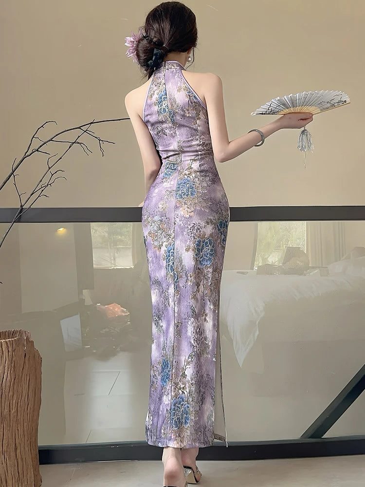 Lunivop  Summer Purple Floral Stand Collar Cheongsam Dress Women Korean Luxury Elegant Dress Gown 2025 Vintage Bodycon Party Night Dress