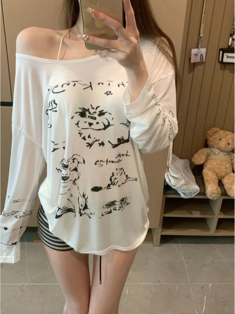 Lunivop  T Shirts Women Funny Cartoon Printed Long Sleeve Diagonal Collar Off Shoulder Loose Sweet Tops Female Casual Y2k Tshirt