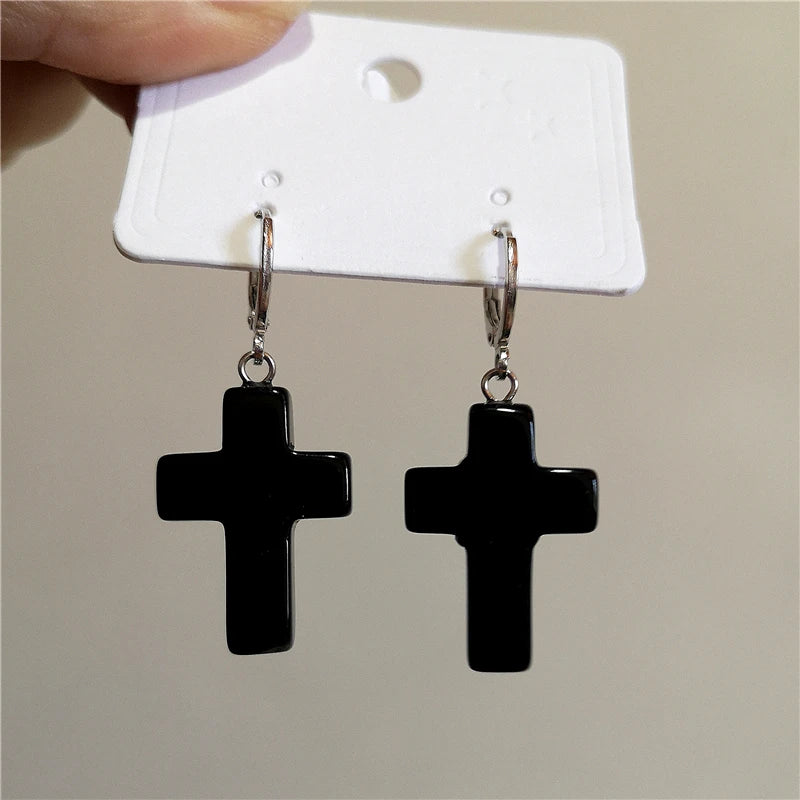 Lunivop Gothic Punk Vintage Black Red Cross Glass Pendant Earrings For Women Men Grunge 90s Jewelry Accessories Decorations New