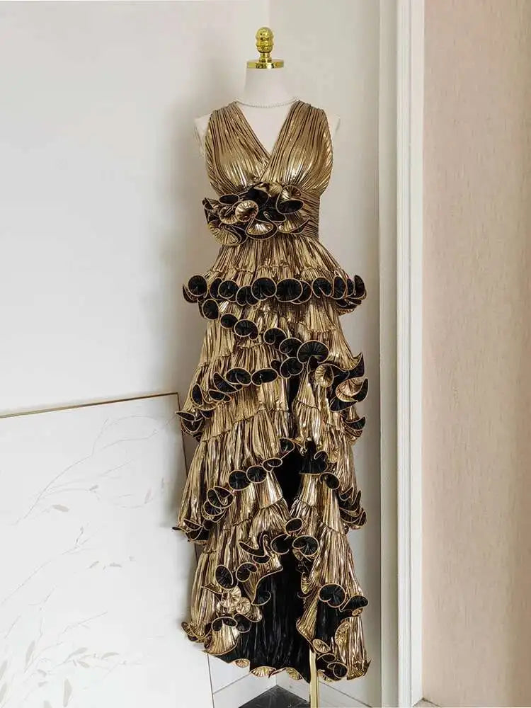 Lunivop Solid Spliced Fungus Elegant Party Dresses For Women V Neck High Waist Sleeveless Elegant Dress Female Autumn 2025