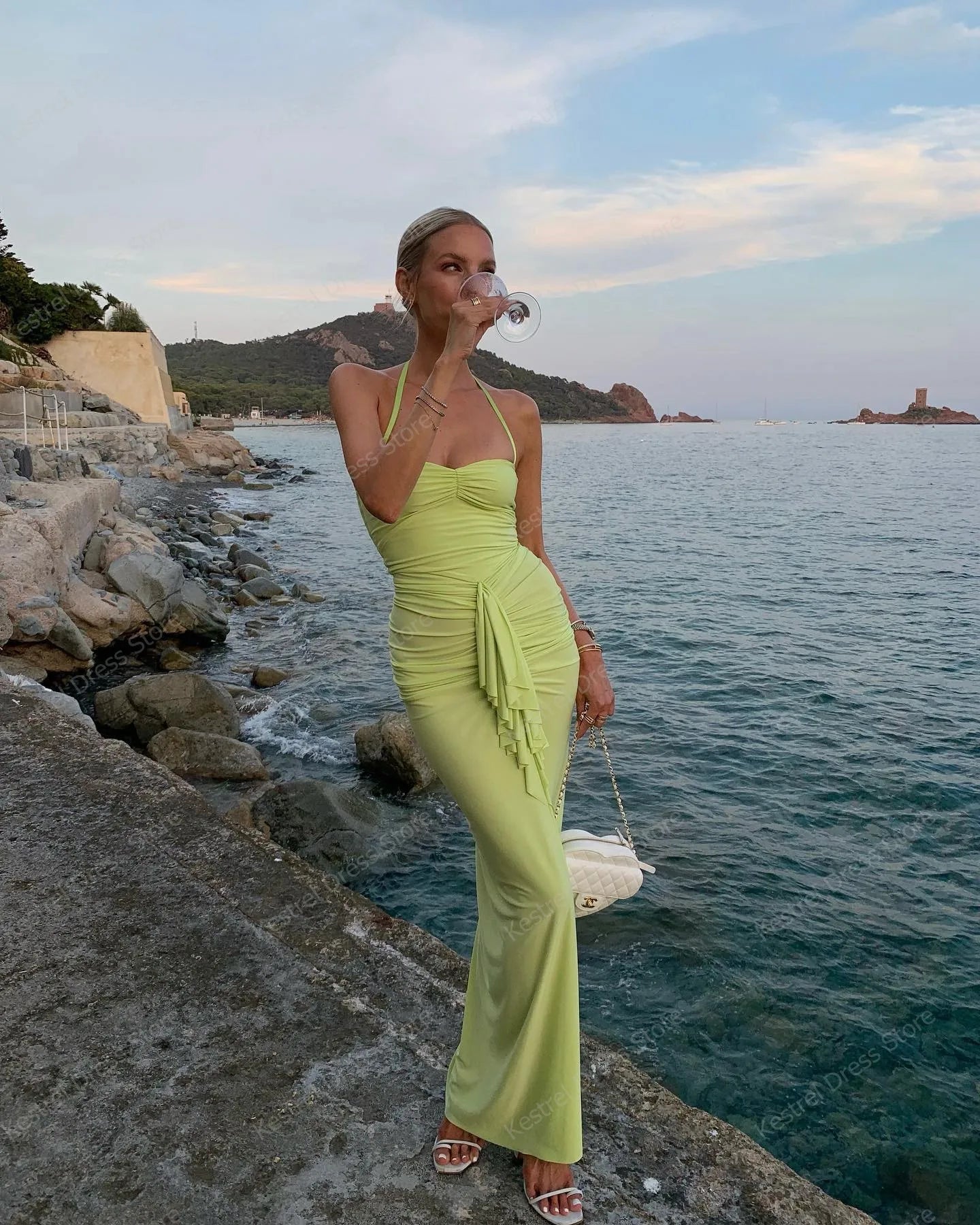 Lunivop Spaghetti Strap Bodycon Dress Sage Green Halter Pleated Mermaid Evening Outfit Beach Party Summer Maxi Dresses Vestidos