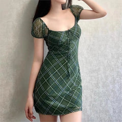 Lunivop  Retro French Green Plaid Puff Sleeve Mesh Mini Dress Sexy Women Bow Lacing up Square Collar Package Hips Bodycon Party Robe