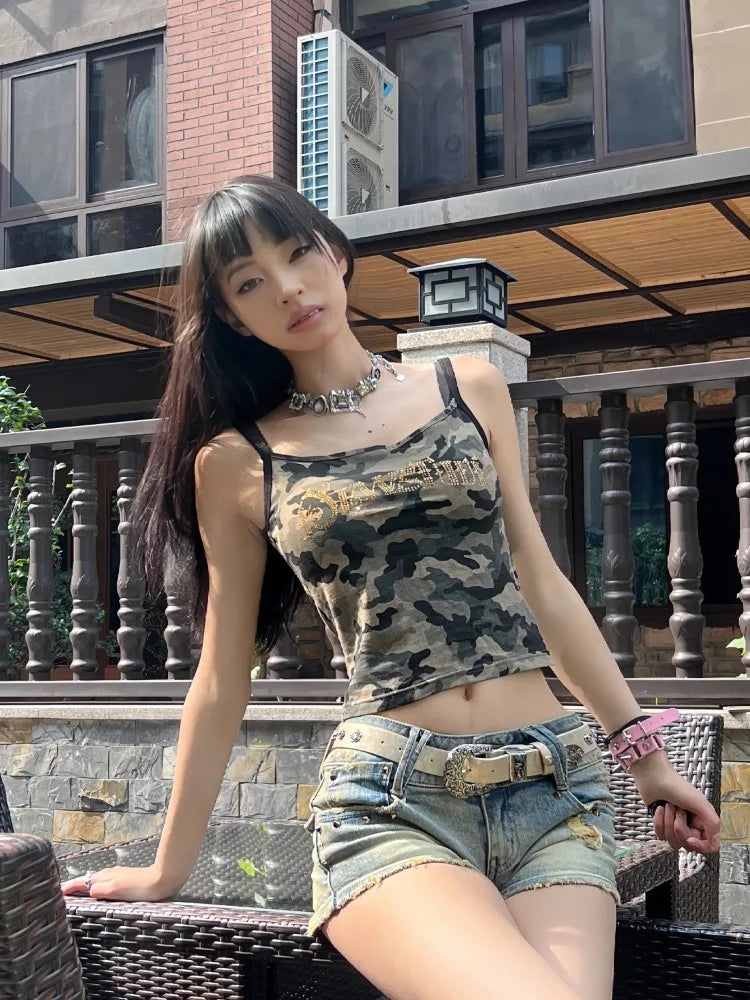 Lunivop  American Retro Cotton Camouflage Camisole 2025 Summer New Diamond Vest for Women Y2k Slim Fit Gothic Simple Yops Mujer