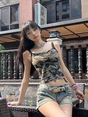 Lunivop  American Retro Cotton Camouflage Camisole 2025 Summer New Diamond Vest for Women Y2k Slim Fit Gothic Simple Yops Mujer