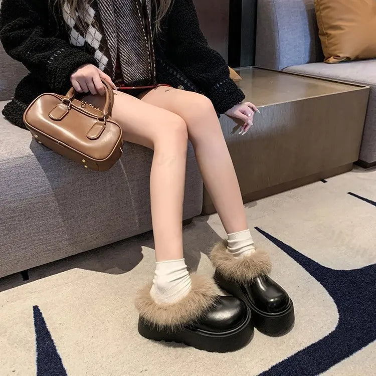 Lunivop Platform Women Slippers Flats Slingback Leather Shoes Woman Winter New Fashion Trend Designer Plush Warm Short Botas