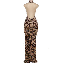 Lunivop  Ruched Patchwork Backless Leopard Print Halter Bodycon Maxi Dress Women Wild Sexy Turtleneck Sleeveless Slim Party Clubwear