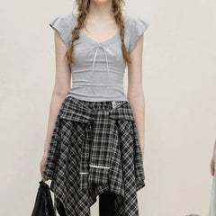 Lunivop  French Streetwear V Neck Ruffle Fly Sleeve Base T Shirts Fashion Spliced Lace Bow Appliques Design Solid Top Y2k Punk Clothes