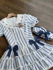 Lunivop  Sweet Cute Sailor Collar Striped Bow Dresses Slim Waist Cake Dress for Women Summer New Short Sleeve Vestidos Mujer