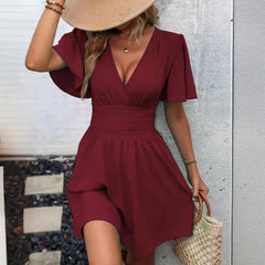 Lunivop  New Summer Deep V-neck Lotus Leaf Sleeve Solid Color Embellishment Dress
