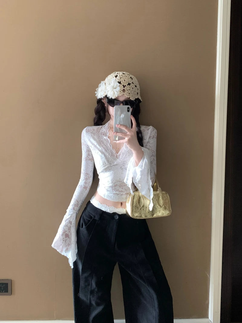 Lunivop Women's Long Sleeve Lace Top V-neck Flared Sleeve Sheer Lace Crop T-shirt Teen-girl Coquette Fairycore Y2K Outfit
