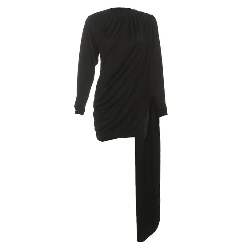 Lunivop  Ruched Ribbon Bodycon Mini Dress Women O Neck Long Sleeve Elegant Slim Banquet Party Robe Casual Streetwear Outfits Evening Gown