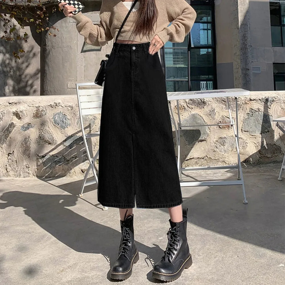 Lunivop Summer Women High-waist Retro A- line Skirt Pockets Front Slit Washed Blue Denim Skirts Hip-covering Straight Long Jeans Skirt