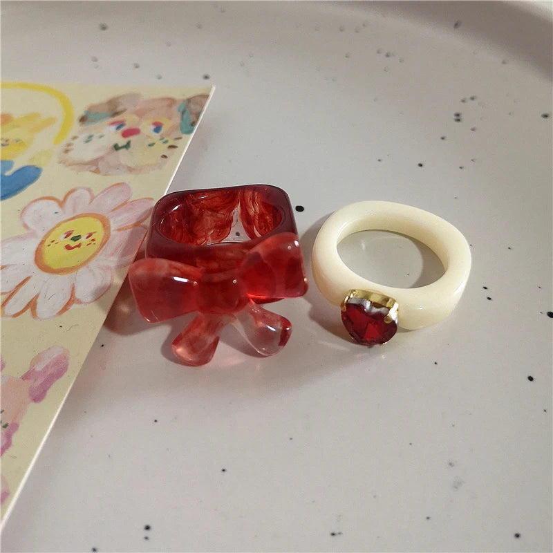 Lunivop Kpop Gothic Y2k Cute Acrylic Flower Bow Strawberry Cherry Heart Ring Emo Aesthetic Resin Rings Set Egirl Accessories Decorations