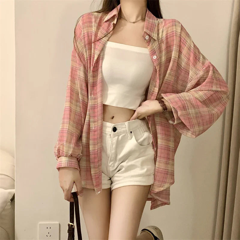 Lunivop Tops Women Sheer Chiffon Plaid Shirt Long Sleeve Button Up Collared Oversize Checked Shirts and Blouse Summer Casual Outfit