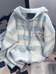 Lunivop Cartoon Striped Hooded Cardigan Women Loose Cute Long Sleeve Sweet Knitted Sweater Preppy Style Female Kawaii Vintage Tops