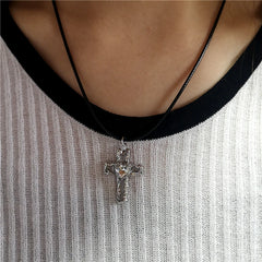 Lunivop New Simple Cross Pendent Necklace Black Leather Rope Fashion Antique Silver Color Alloy Punk Jewelry For Women Men Gift