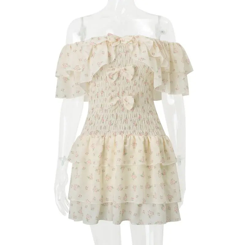 Lunivop  American Sweet Bow Slim Waist Cake Dress for Women New Flying Sleeve Floral Dresses Summer All-match Vestido Feminino