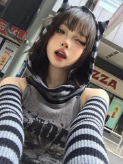 Lunivop Japanese Striped Patchwork Hoodie for Women Gothic Retro Cat Print Hollow Slimming Pullover Harajuku Style Dark Punk Top