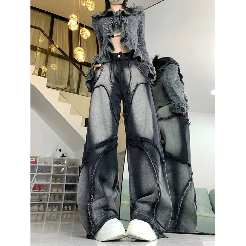 Lunivop Y2k Vintage Jeans Women Wide Leg Pants High Waist Hip-hop Streetwear Black Trouser Retro Baggy Denim Pants Aesthetics