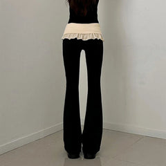 Lunivop  BKLD Y2K Cute Casual Ruffles High Waisted Pleated Knitted Slim Fit Contrasting Color Wrapped Hip Flare Pants Sexy Daily Trousers