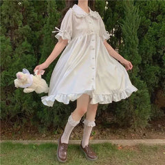 Lunivop  Japanese Lolita White Dress Summer Puff Sleeve Ruffles Dress Preppy Style Kawaii Sweet Fairy Peter Pan Collar Women Midi Dresses