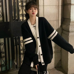 Lunivop Varsity Cardigan Sweater for Women Long Sleeve V-Neck Button-up Knit Slouchy Cardi Korean School-girl Preppy Fall Winter Outfit