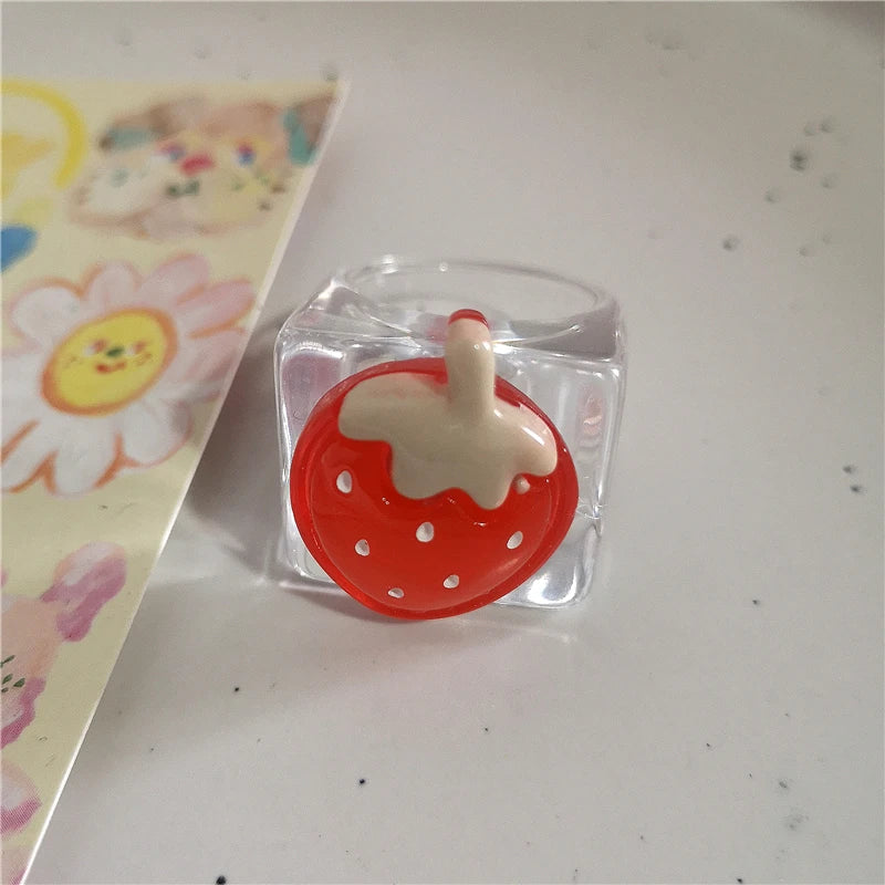 Lunivop Kpop Gothic Y2k Cute Acrylic Flower Bow Strawberry Cherry Heart Ring Emo Aesthetic Resin Rings Set Egirl Accessories Decorations