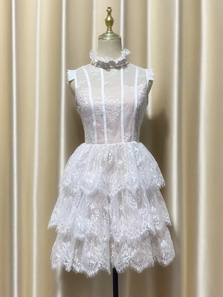 Lunivop Fashion Casual Lace Dress Women's Half High Collar Sleeveless A Line Dresses 2025 Summer New Tide