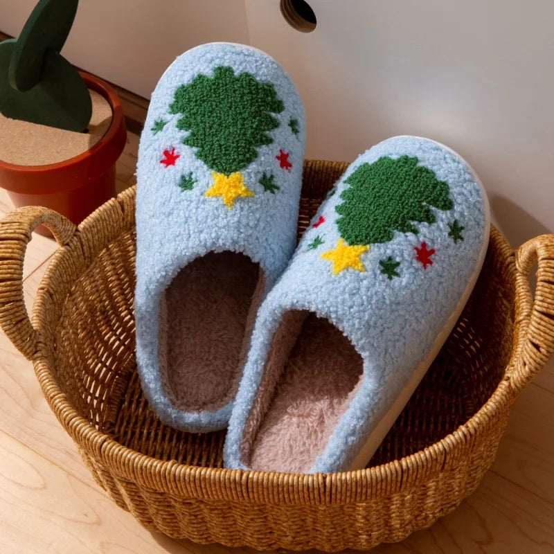 Lunivop New Christmas Elk Cotton Slippers for Women Men Winter Cute Cartoon Home Non Slip Couple Floor Slides Indoor Plush Shoes