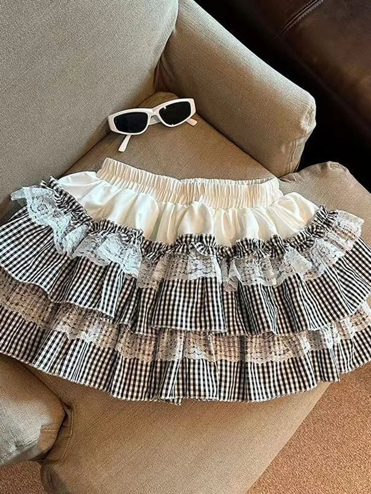 Lunivop  Sweet Lace Plaid Skirt Women High Waist Cute Vintage Mini Skirts Casual Preppy Style Patchwork Japan Kawaii Female Skirt