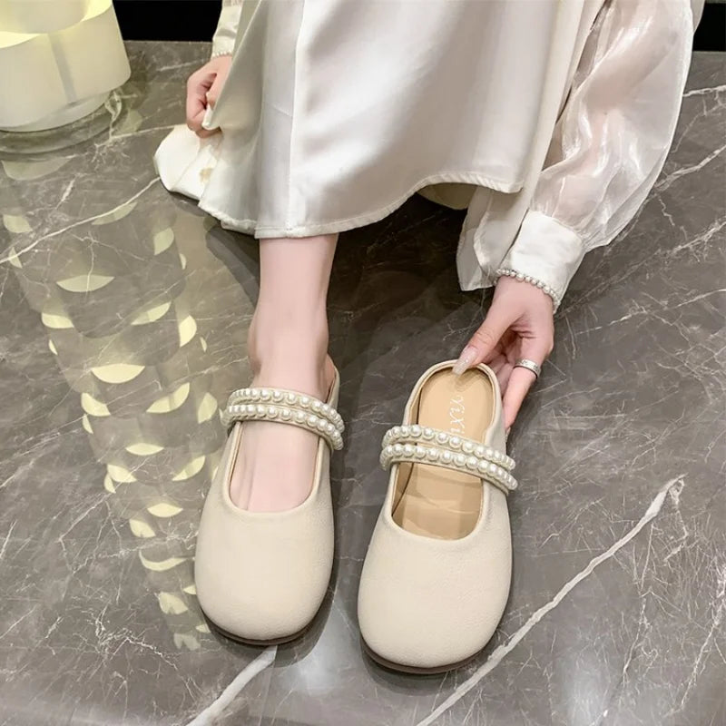 Lunivop Fashion Bowknot Pearl Flat Bottom Baotou Half Slippers Women New Summer Shallow Mouth Mary Jane Single Shoes Casual Slides