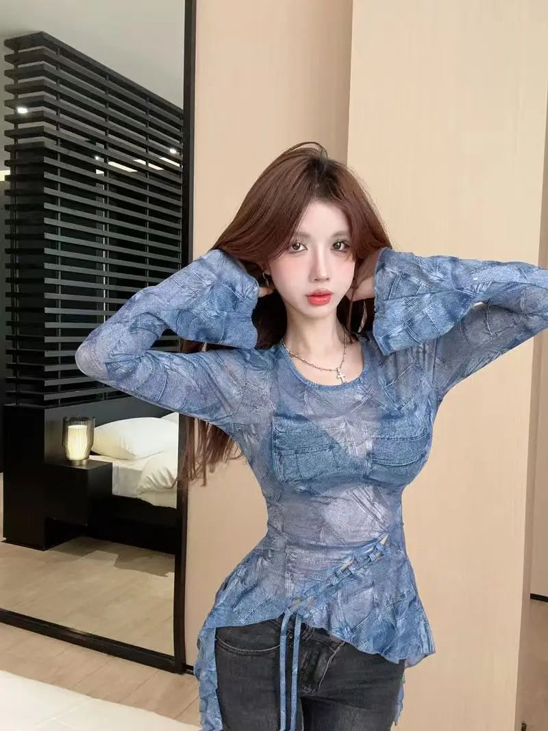 Lunivop  Elegant Sweet Mesh Long Sleeve T-shirts Y2k Slim Fit Irregular Top for Women 2025 Spring New Bottoming Blue Tee Shirt
