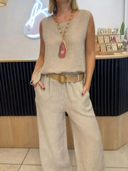Lunivop  Summer Fashion New Women's Commuting Style Cotton and Hemp Two Piece Set Round Neck Sleeveless Top Wide Leg Pants Set