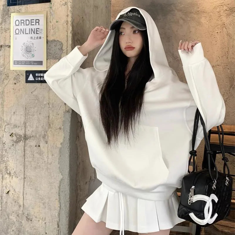 Lunivop Casual Hooded Pullover Top Women Y2K V-neck Hoodies Solid Harajuku Long Sleeve Hoodie Oversized Tops Female Loose Clothing