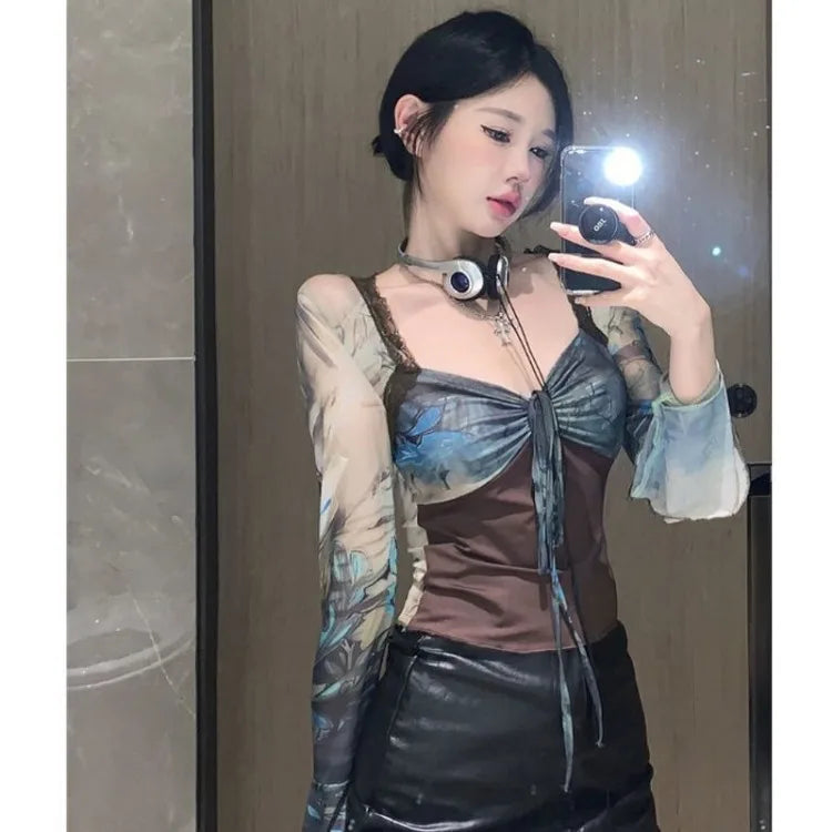 Lunivop  Elegant Vintage Tie Dye Patchwork Tops Mujer Sexy Slim Fit Long Sleeved T-shirt for Women Summer New Lace Up Tee Shirt