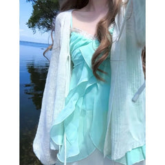 Lunivop  Harajuku Sweet Cute Mint Green Camisole Vest for Women+ Y2k High Waist A-line Cake Skirts Summer New Two Piece Sets