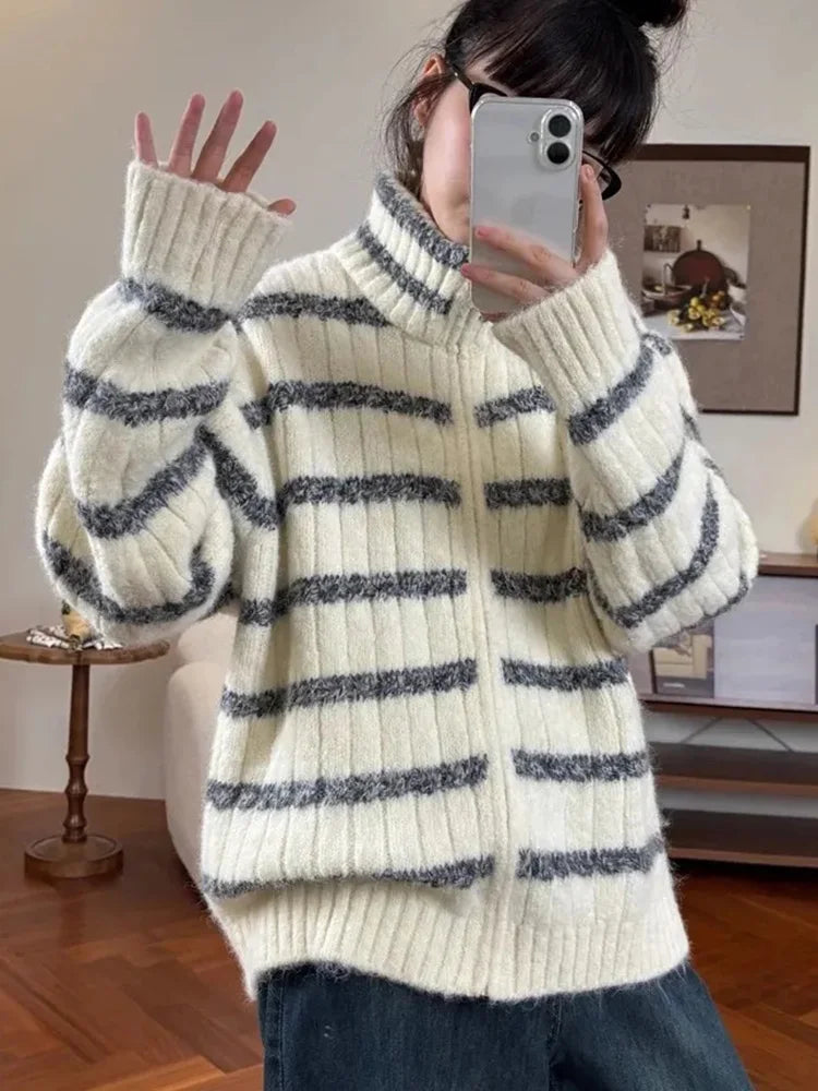 Lunivop Lazy Wind Vintage Striped Cardigan Women Casual Preppy Style Loose Knitted Sweaters Japan Retro Stand Up Collar Long Sleeve Tops