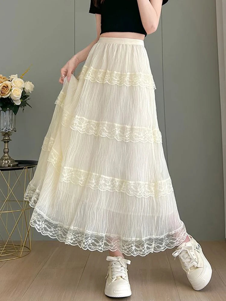 Lunivop  Retro Sweet Black Long Skirt Women Casual Loose High Waist Elegant Skirt Vintage Lace Patchwork Korean Summer Long Skirts