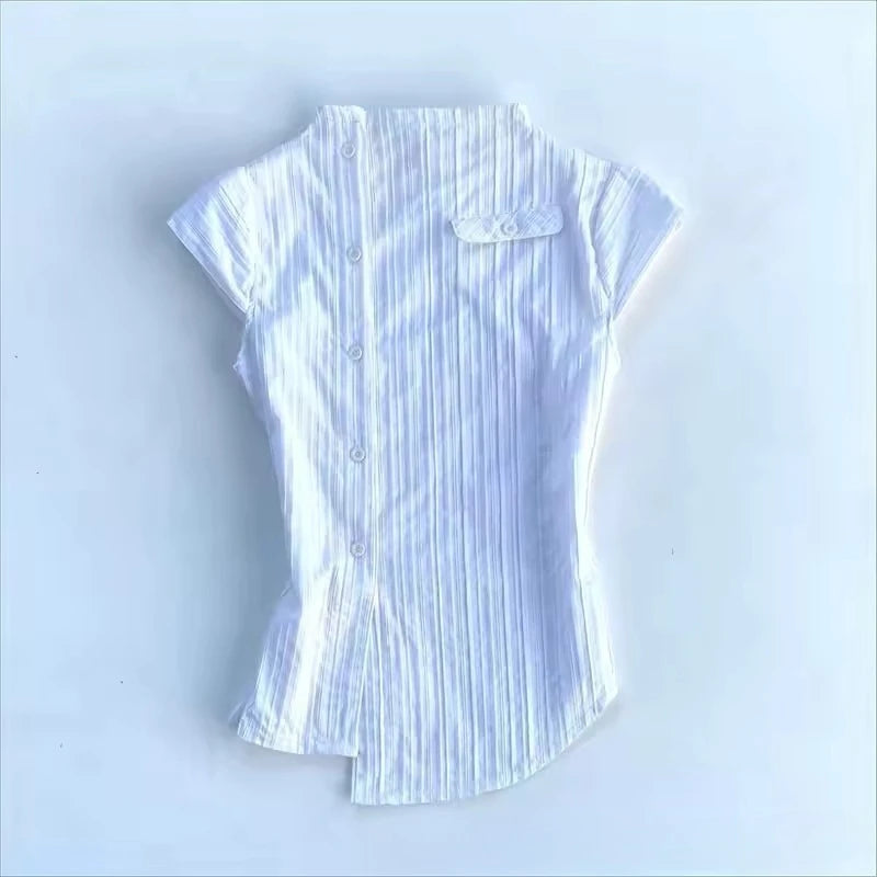 Lunivop  Korea Fashion Simple Office Lady Shirt Stripe Stand Collar Slim Irregular Crop Top Minority Personalized Streetwear Tops